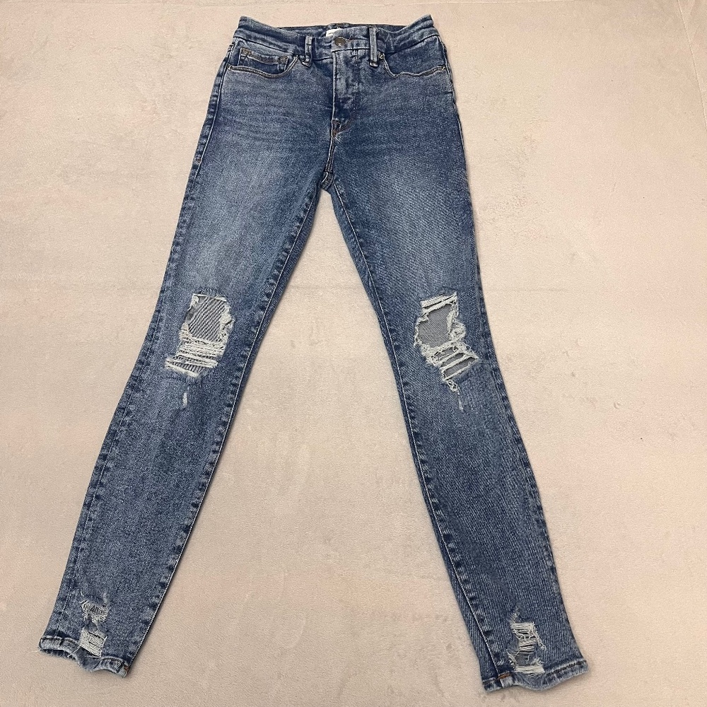 Good American Women's Skinny Jens Size 4/27 Blue Distressed Stretch Denim